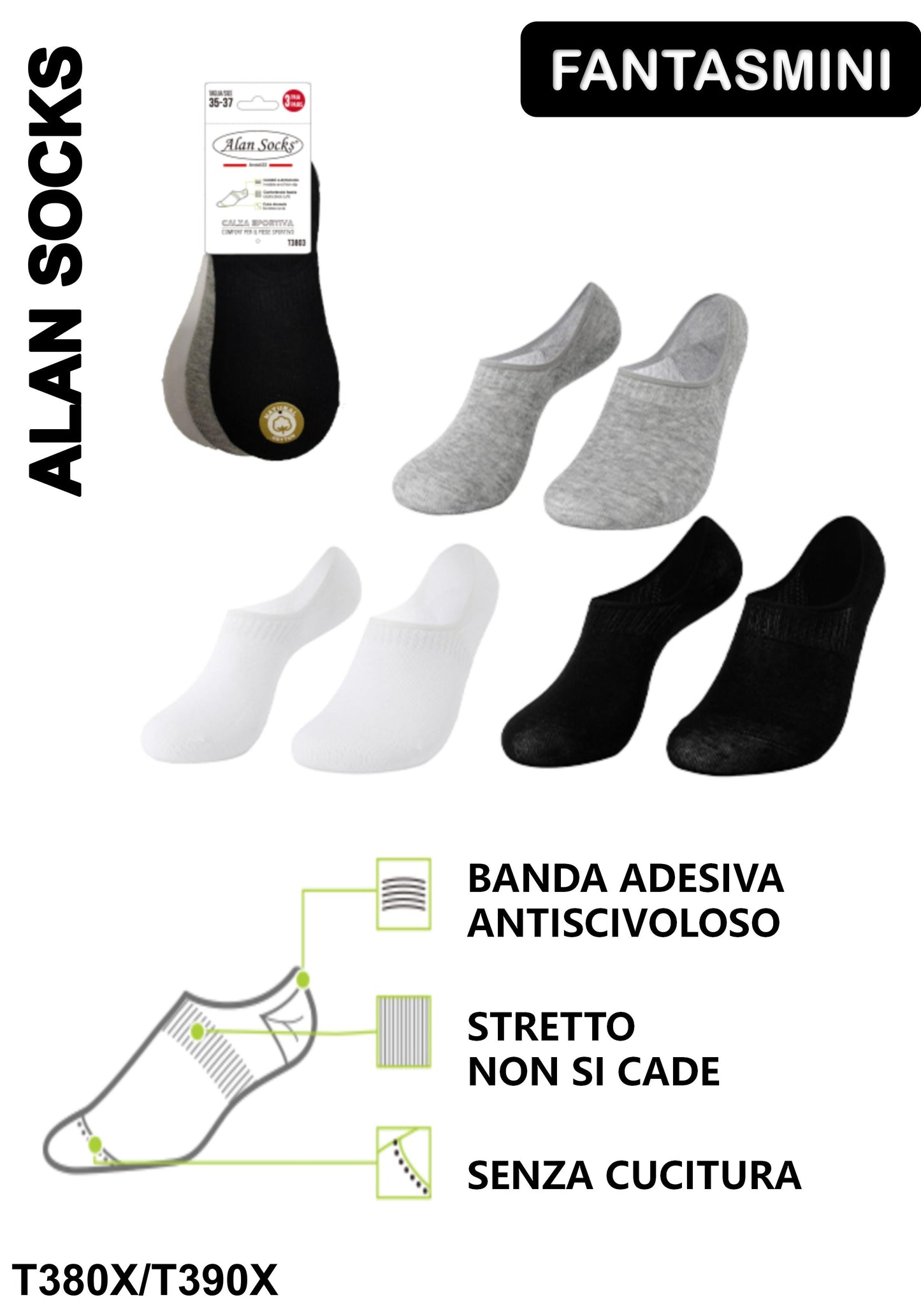 Alansocks calze cotone fantasmini da 3 paia - T380X/T390X